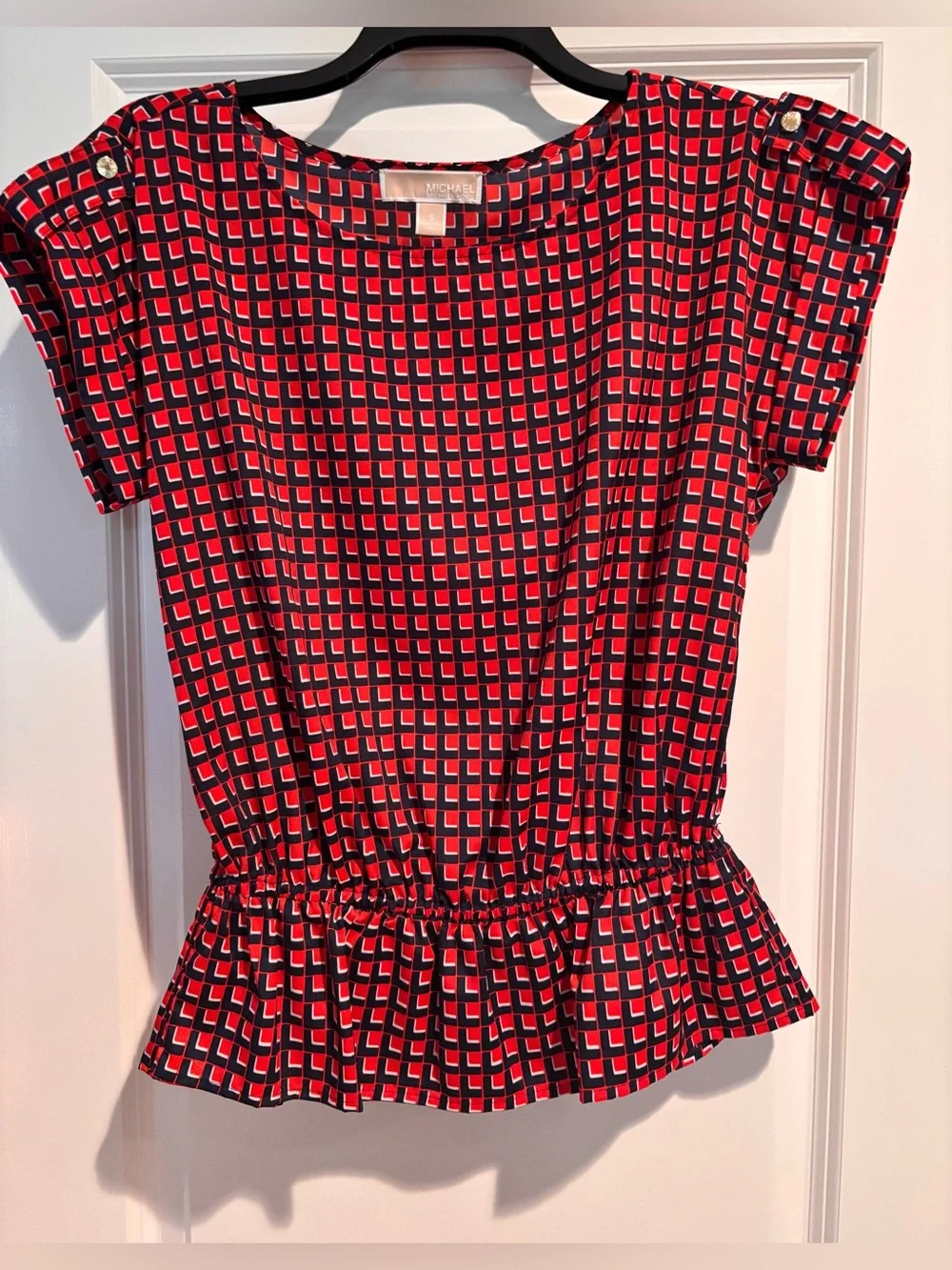 MICHAEL Michael Kors Geometric Peplum Blouse Red Black Small